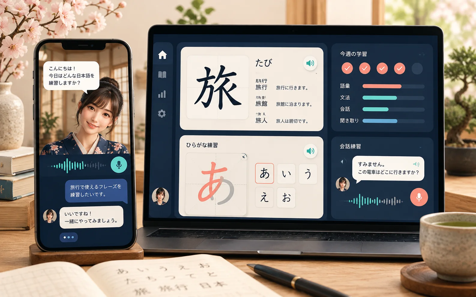Japanese tutor app lesson with conversation and learning progress
