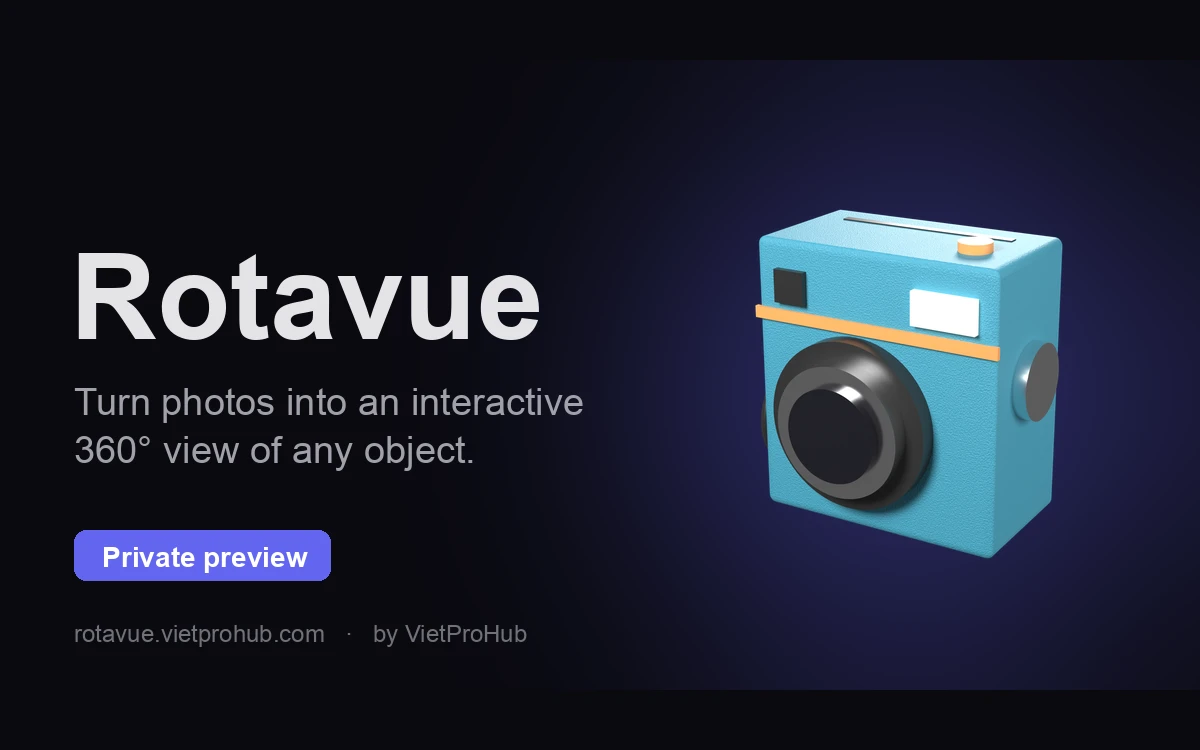 Rotavue product banner with a blue 3D camera on a dark background