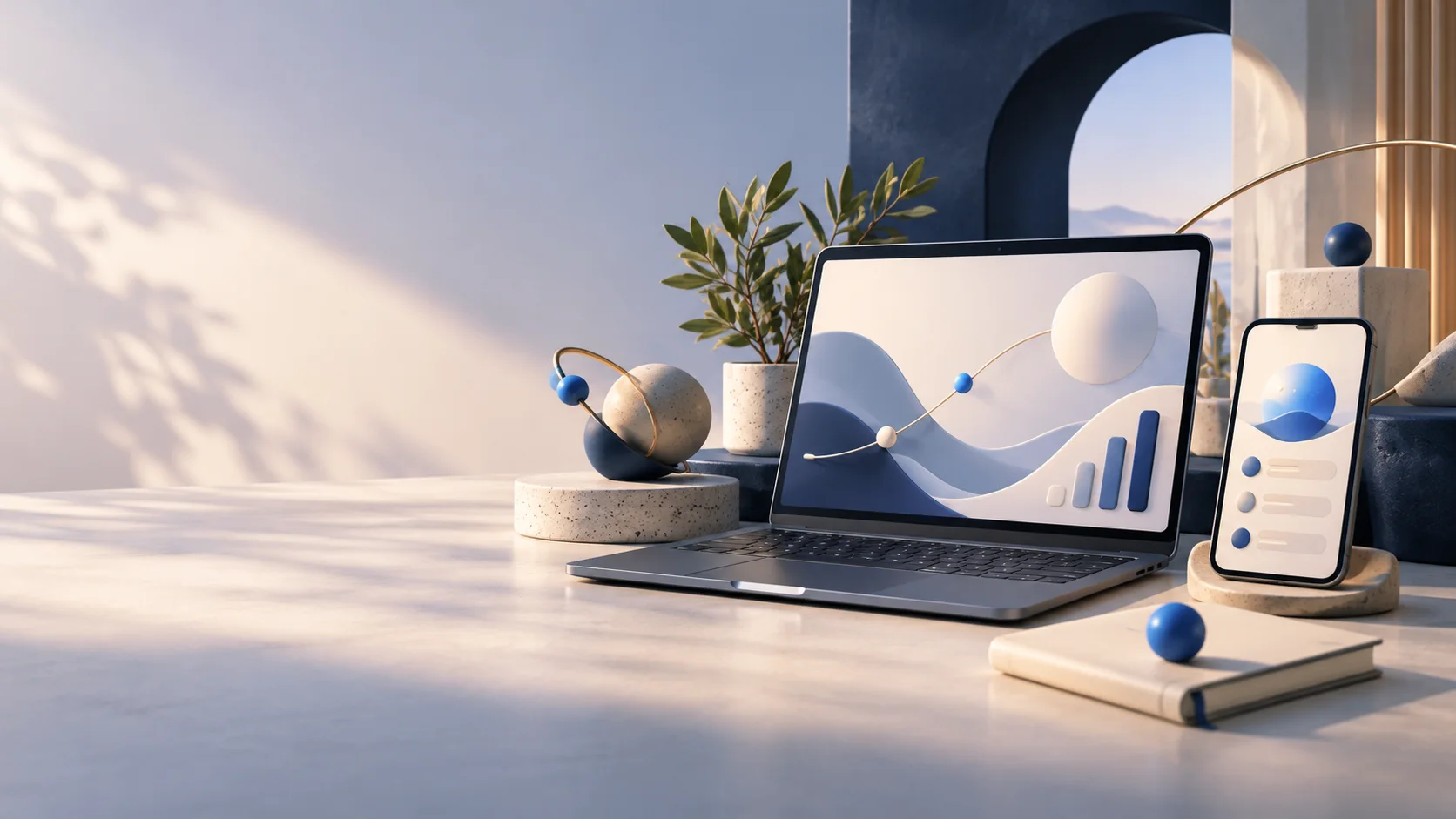 Connected studio workspace with digital products displayed on a laptop and phone